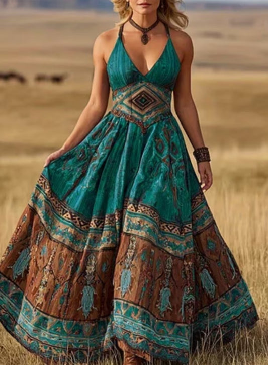 Deep V-neck Fitted Waist Full Skirt Sleeveless Long Vacation Dress For Women