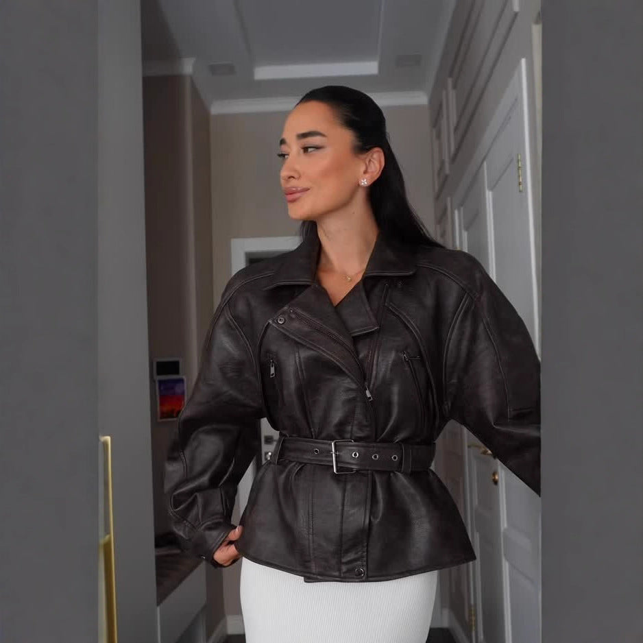 Stylish Trendy Heavily Detailed Belt Jacket Leather Outerwear