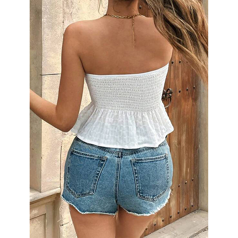 Womens Trendy Tube Top Strapless Ruched Asymmetrical Hem Going Out Outfits Bandeau Shirts