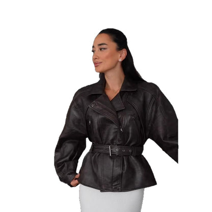 Stylish Trendy Heavily Detailed Belt Jacket Leather Outerwear