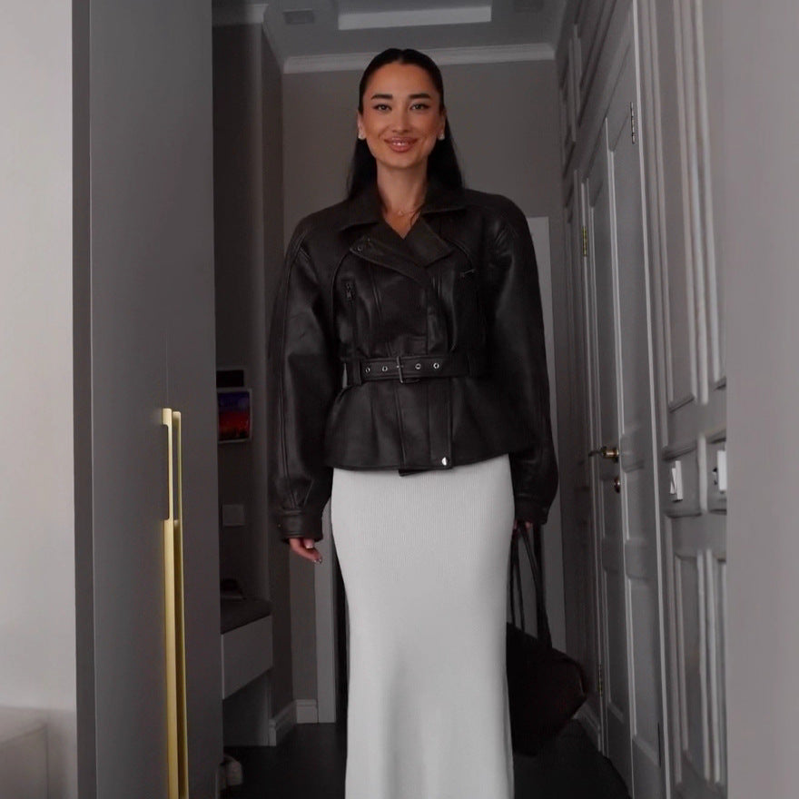 Stylish Trendy Heavily Detailed Belt Jacket Leather Outerwear